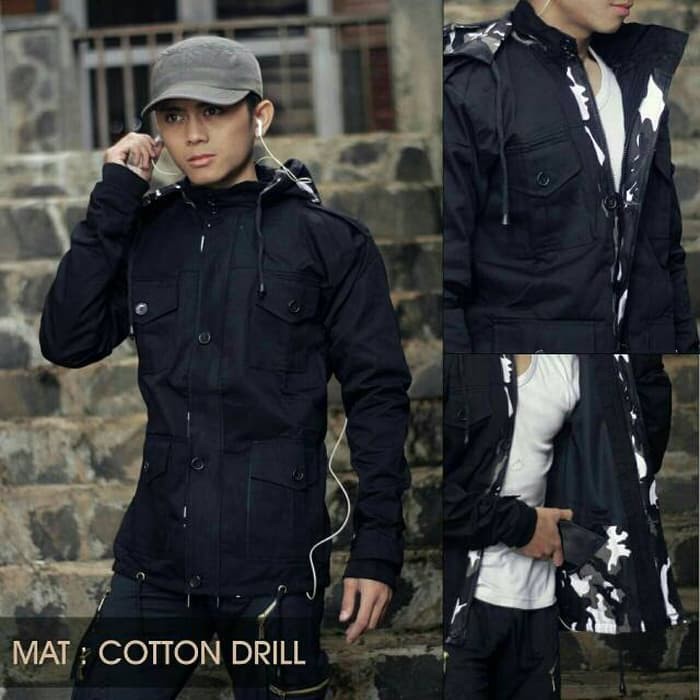 JAKET PARKA PRIA HITAM KOMBINASI LORENG - ARMY KEREN