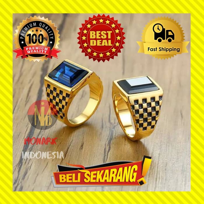 CINCIN TITANIUM KOTAK EMAS SAFIR BATU BLUE TOPAZ BIRU PRIA PREMIUM C52