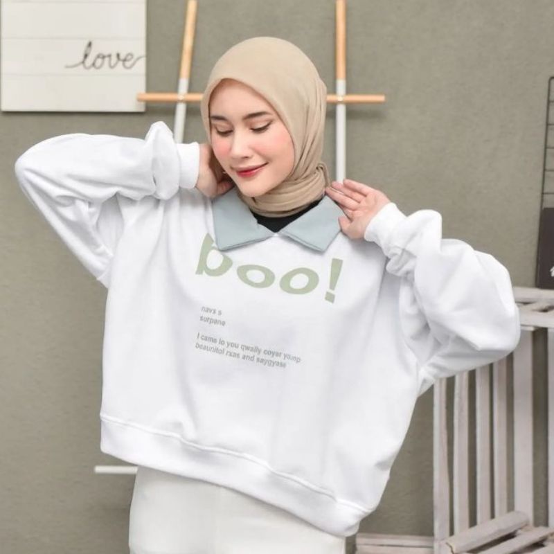 JAKET CROP KERAH BOO! sweater crop wanita terbaru