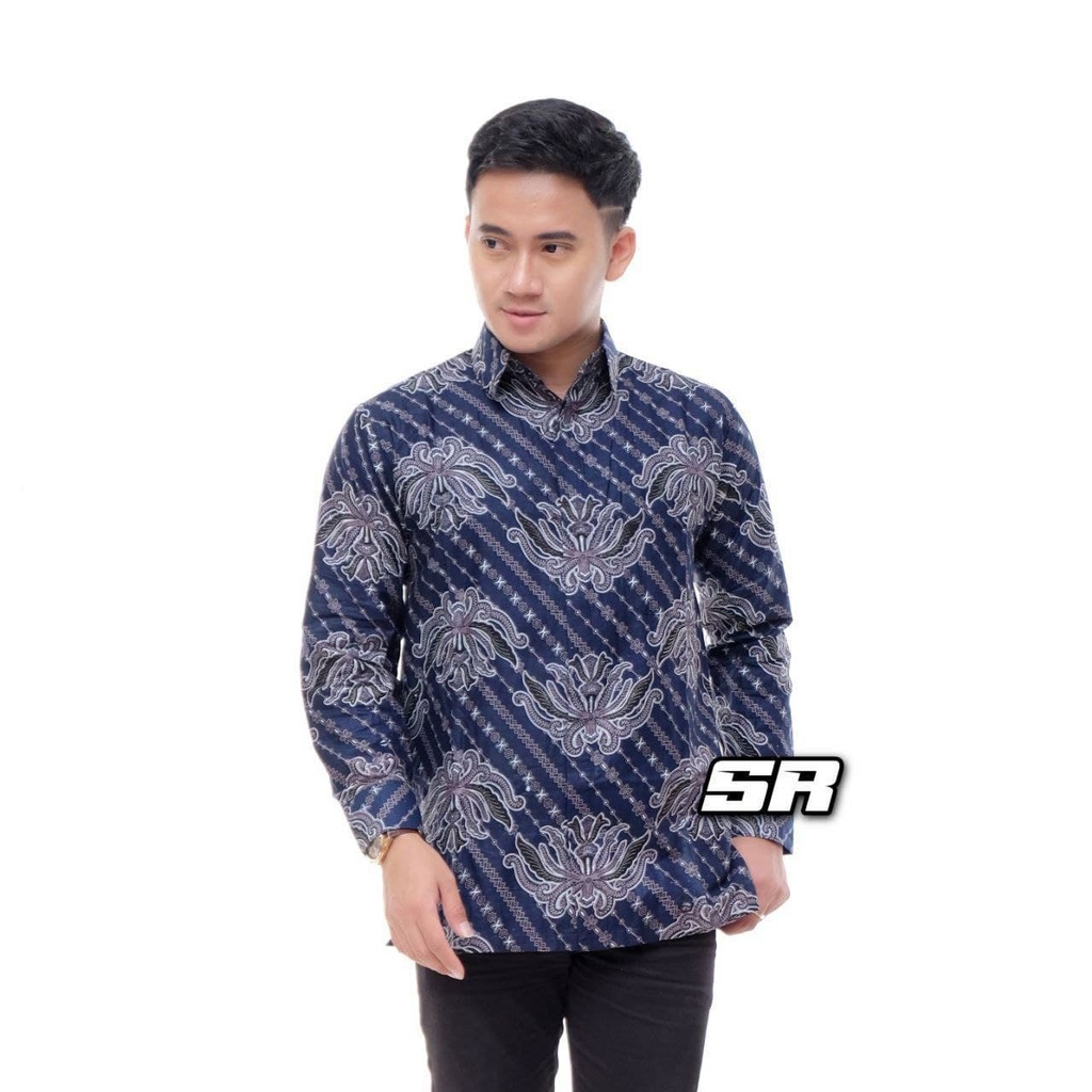 Atasan Batik Wanita Lengan Panjang BATIK BERKAH HRB026 motif KERATONAN Kode 002 size M L XL XXL Reguler-TERATAI BIRU