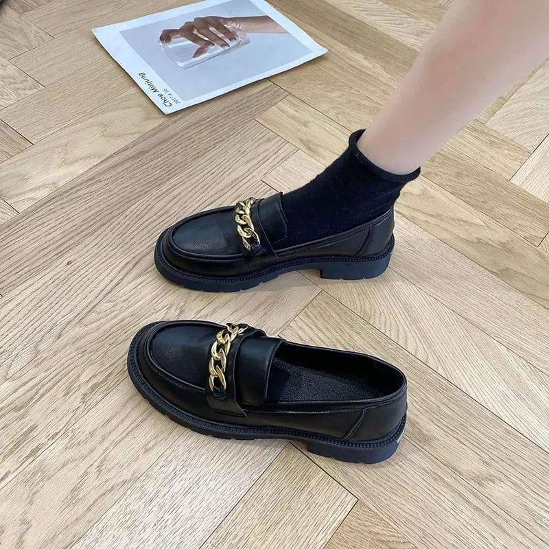 SEPATU WANITA DOCMART LOAFERS RANTAI GOLD BLACK DOF PREMIUM RG 09