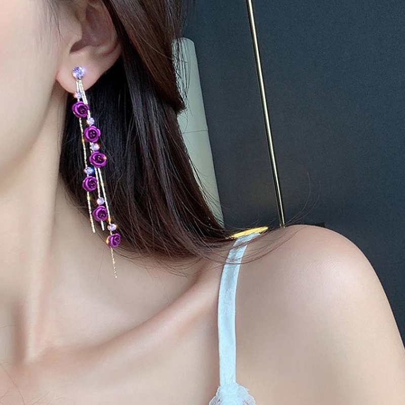 Anting Gantung Panjang Model Kelopak Bunga Dengan Rumbai Warna Merah / Ungu Untuk Wanita