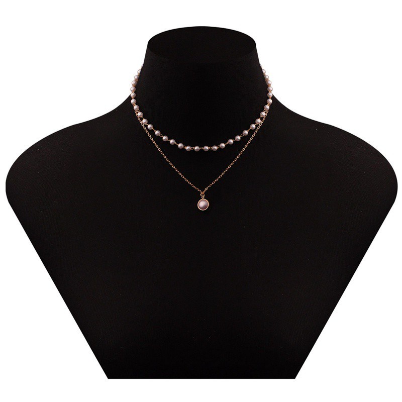 Women Fashion Retro Pearl Metal Korean Style Lock Necklace Multilayer Pendant Gold Chain Choker Jewelry Accessories