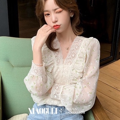 Atasan wanita blus musim panas 2021 sifon brokat renda lengan panjang putih