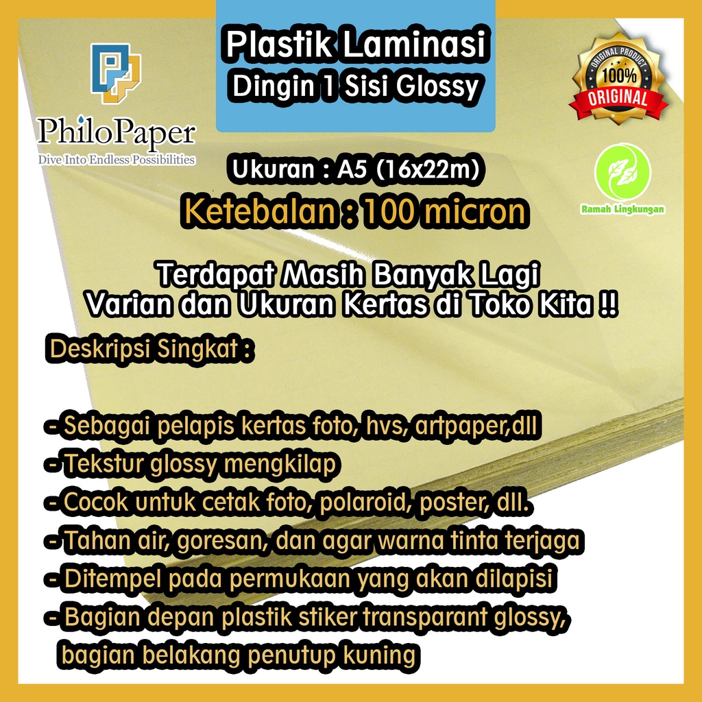 

Plastik Laminasi Dingin Glossy 100 Micron A5