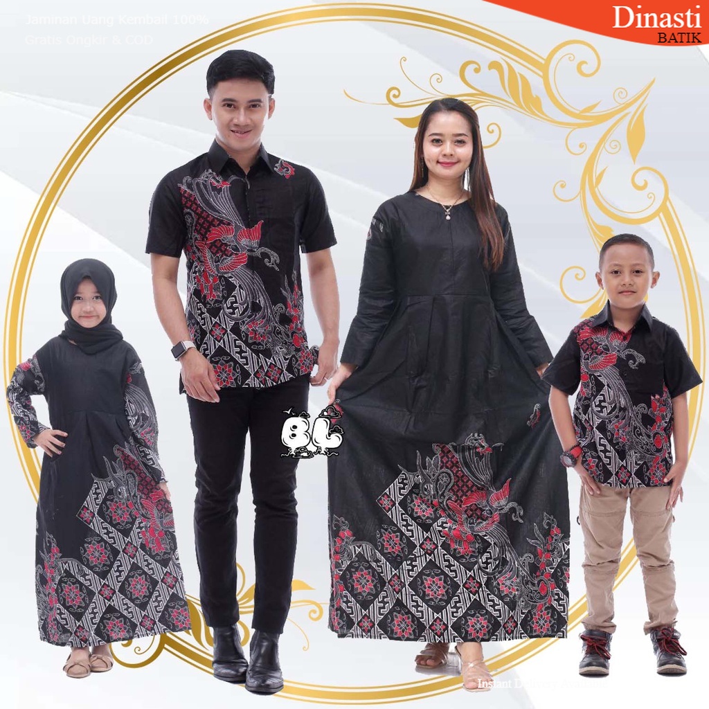 Baju Keluarga Komplit - Batik Keluarga Hijab - Ibu Bapak Anak - Motif Burung Kenari Hitam - Dress Tu