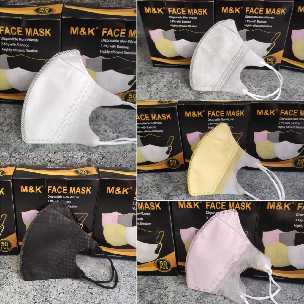 PER BOX 50 PC - MASKER DUCKBILL 3PLY M&K MK FACE MASK KEMENKES HITAM / PUTIH - BLACK / WHITE