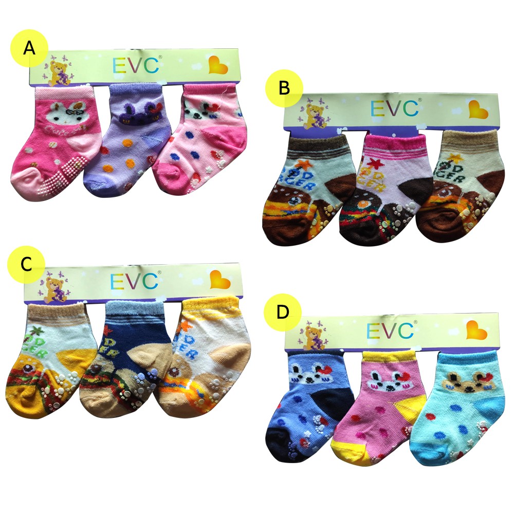 Kaos Kaki Bayi EVC 3pcs dengan Karet Anti Selip Baby Newborn