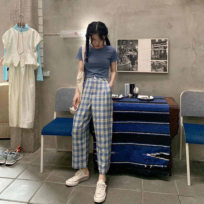 Celana Panjang Model Lurus Lebar Longgar Motif Kotak-Kotak Ada untuk Wanita