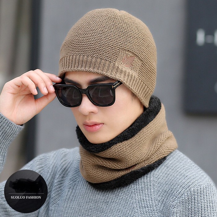 Set Topi Kupluk Tebal Lapis Bulu Winter Beanie Hat Kupluk DAUN
