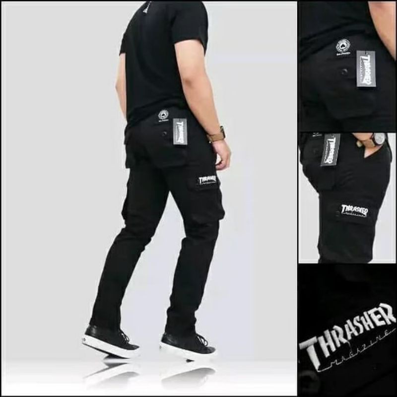 Celana Cargo PANJANG THRASHER PREMIUM / celana cargo panjang cowo / CARGO PANJANG THRASER HITAM