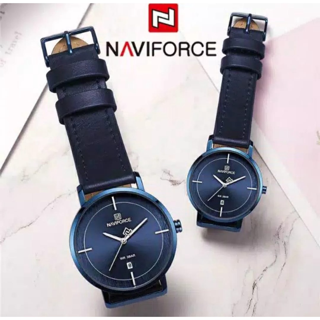Jam Tangan Couple Naviforce 3009 Pria Wanita Strap Kulit Rantai Stainless Original