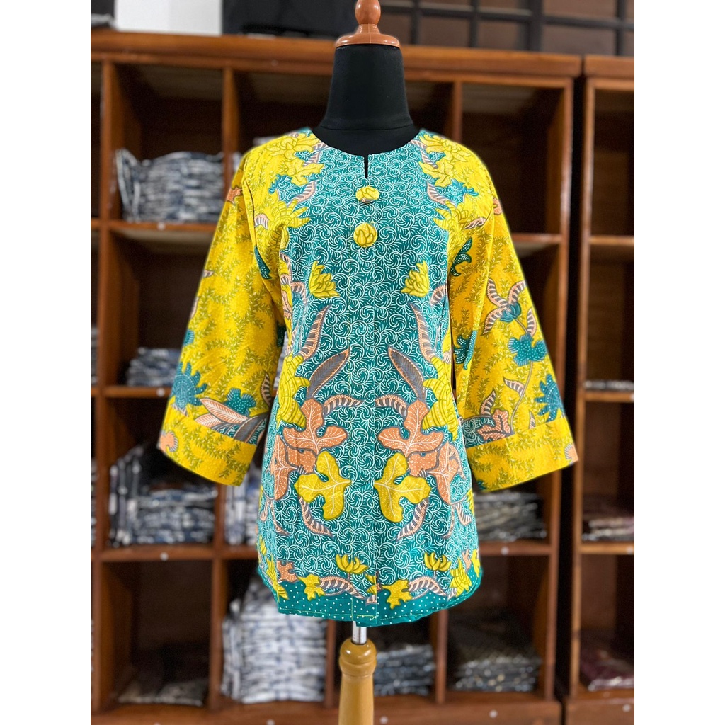NEW Blouse ENAMOSA Atasan Kemeja Batik Wanita Blus Lengan Panjang Kancing Depan Motif Pekalongan -04-Ganggang Kuning