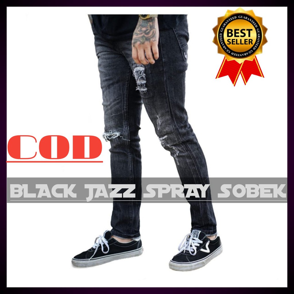Celana jeans pria sobek lutut robek ripped destroy premium black wash size 27-46