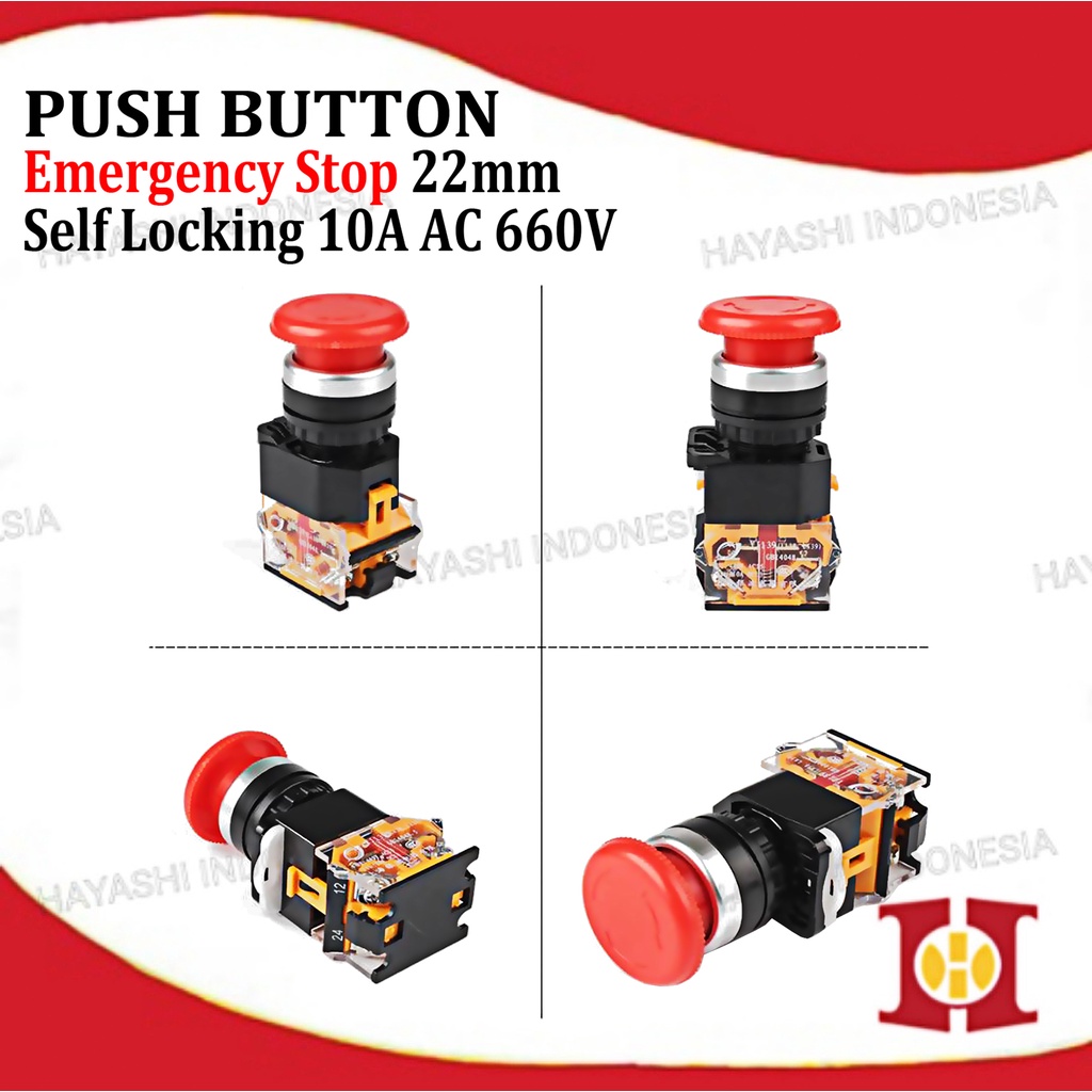 Push Button Emergency Stop Self Locking Switch 22 mm Tombol Darurat