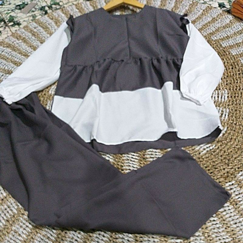 BLOUSE SET WANITA MOSCREPE//ONE SET MODINA REMPEL BALON DAILY-Latte