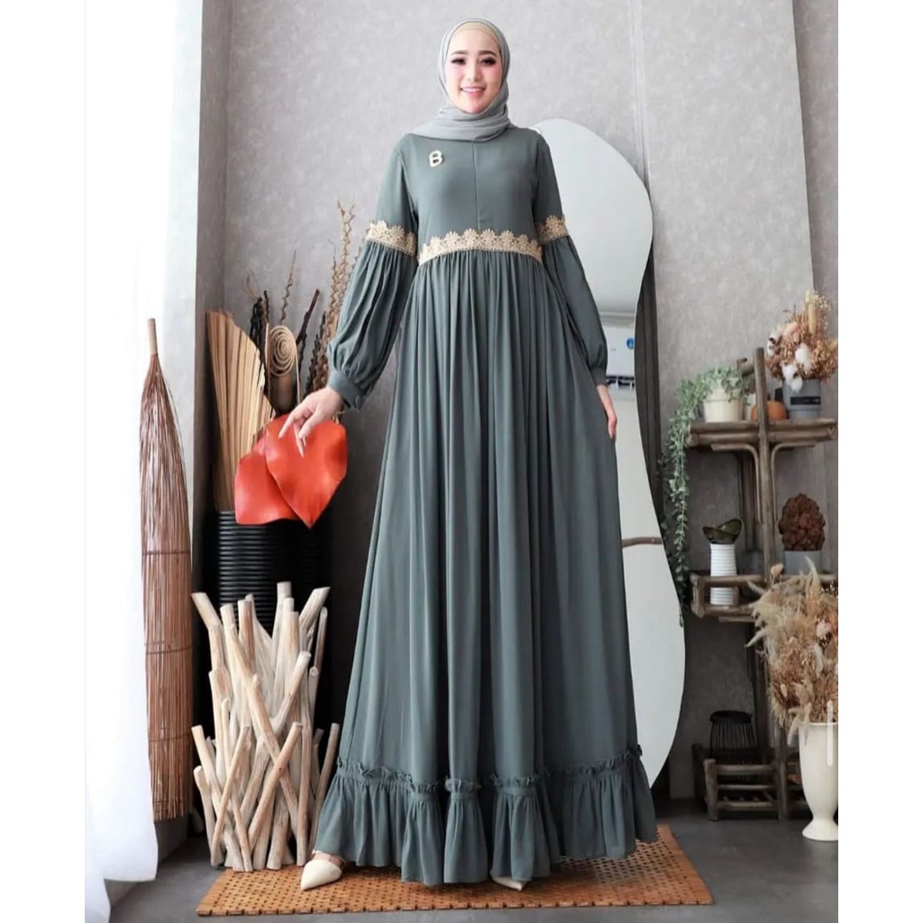 GAMIS WANITA WULAN DRESS BO CERUTY BABYDOLL FULL PURING APLIKASI RENDA LD 100 cm PB 130 cm ZIPPER DEPAN GAMIS CERUTY WNAITA TERBARU 2023 KEKINIAN / DRESS WANITA JUMBO / MAXY DRESS BUSUI / FASHION WANITA MUSLIM MODERN / PAKAIAN WANITA BAJU MUSLIM WANITA