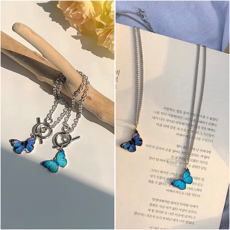 Korean Fashion Kalung Kupu-kupu Gradien Biru Gelang In Rantai Butterfly Necklace Bracelet Klavikula Wanita Gaya Aksesori Busana Couple