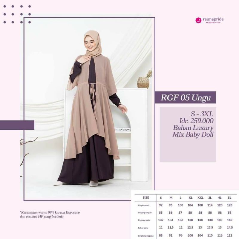 Gamis muslimah RAUNA RGF 05 COKSU | RGF 05 CEDAR | RGF 05 ABU ABU | RGD 05 UNGU | SARIMBIT RAUNA SR 05