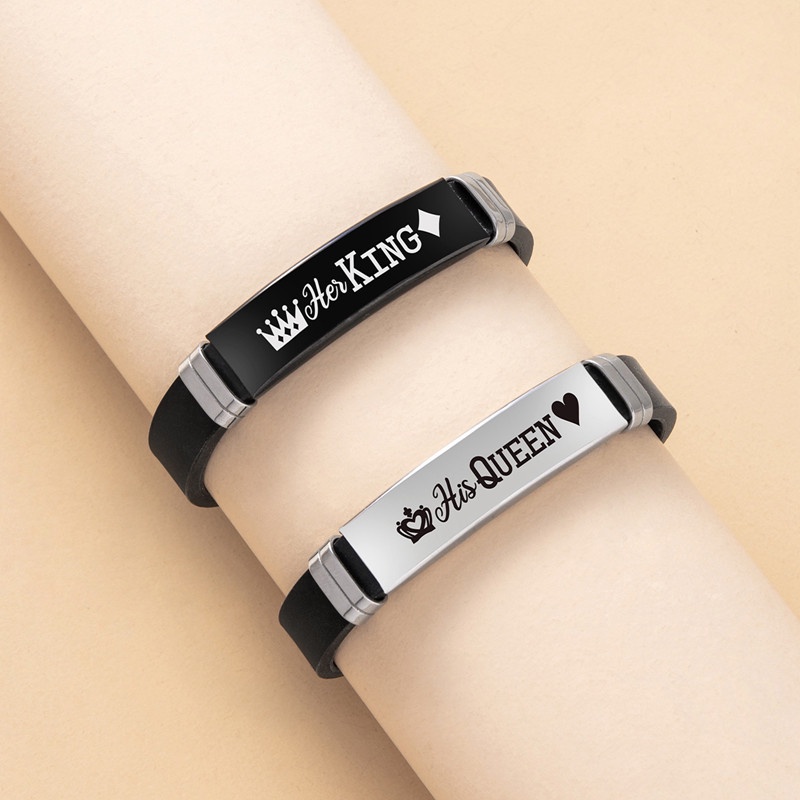 2pcs / Set Gelang Pasangan Bahan Silikon Stainless Steel Desain Mahkota Her King His Queen Untuk Unisex