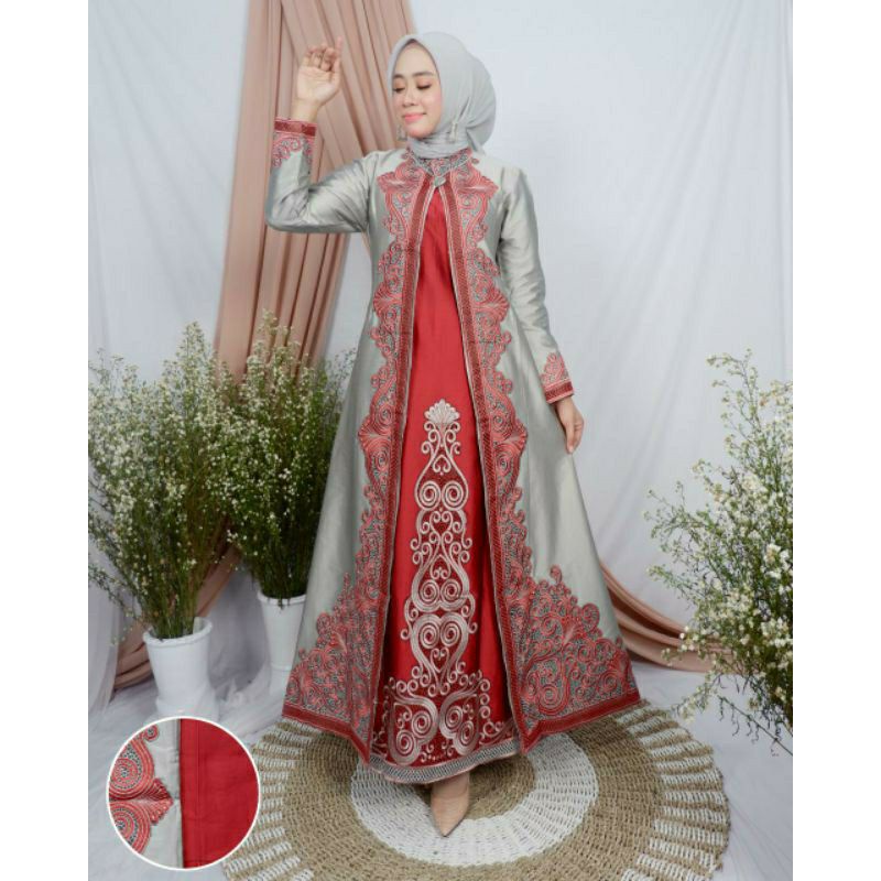 Gamis Morena Modern Bahan Taveta Dove Bordir Timbul