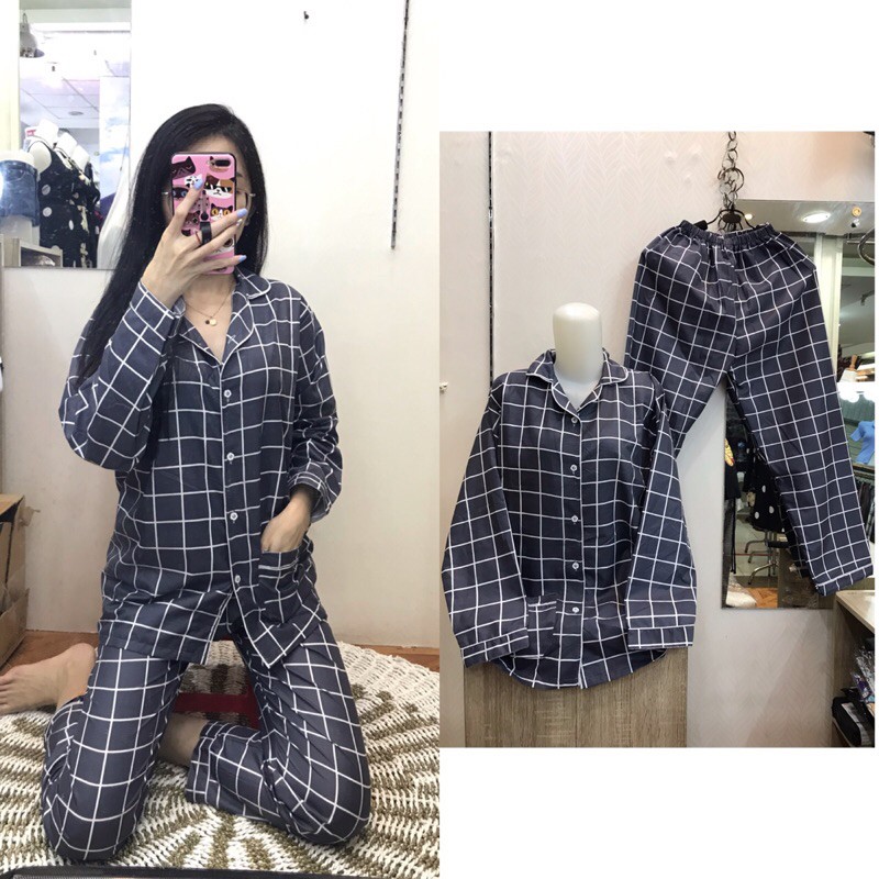 piyama/pajamas kotak&quot; PP katun abu murah.homewear/sleepwear/bajutidur cwe PP tartan grey kekinian