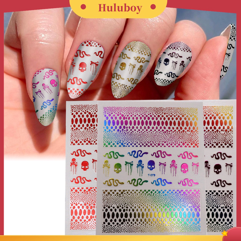 Huluboy Huluboy♡ 9 Pcs / Set Stiker Kuku Motif Print Ular Efek 3D Warna Hitam Untuk Dekorasi Manicure