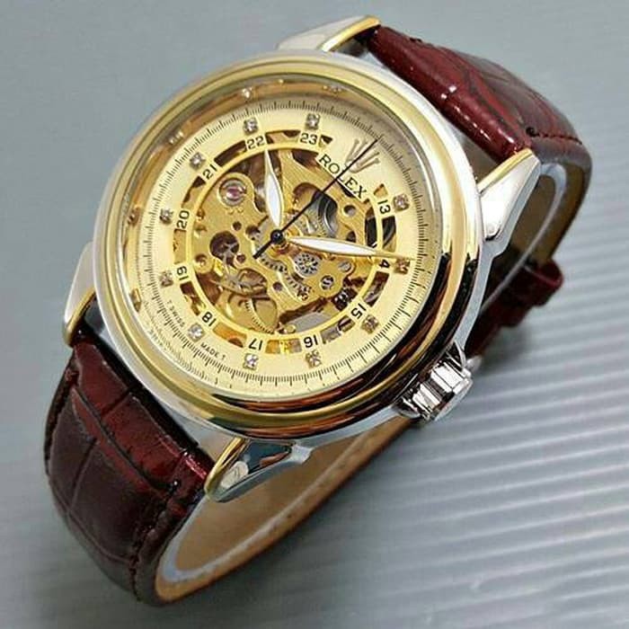 HOT SALE Jam Tangan Pria Rolex skeleton Diamond Leather Brown Kombi plat Gold TERBARU