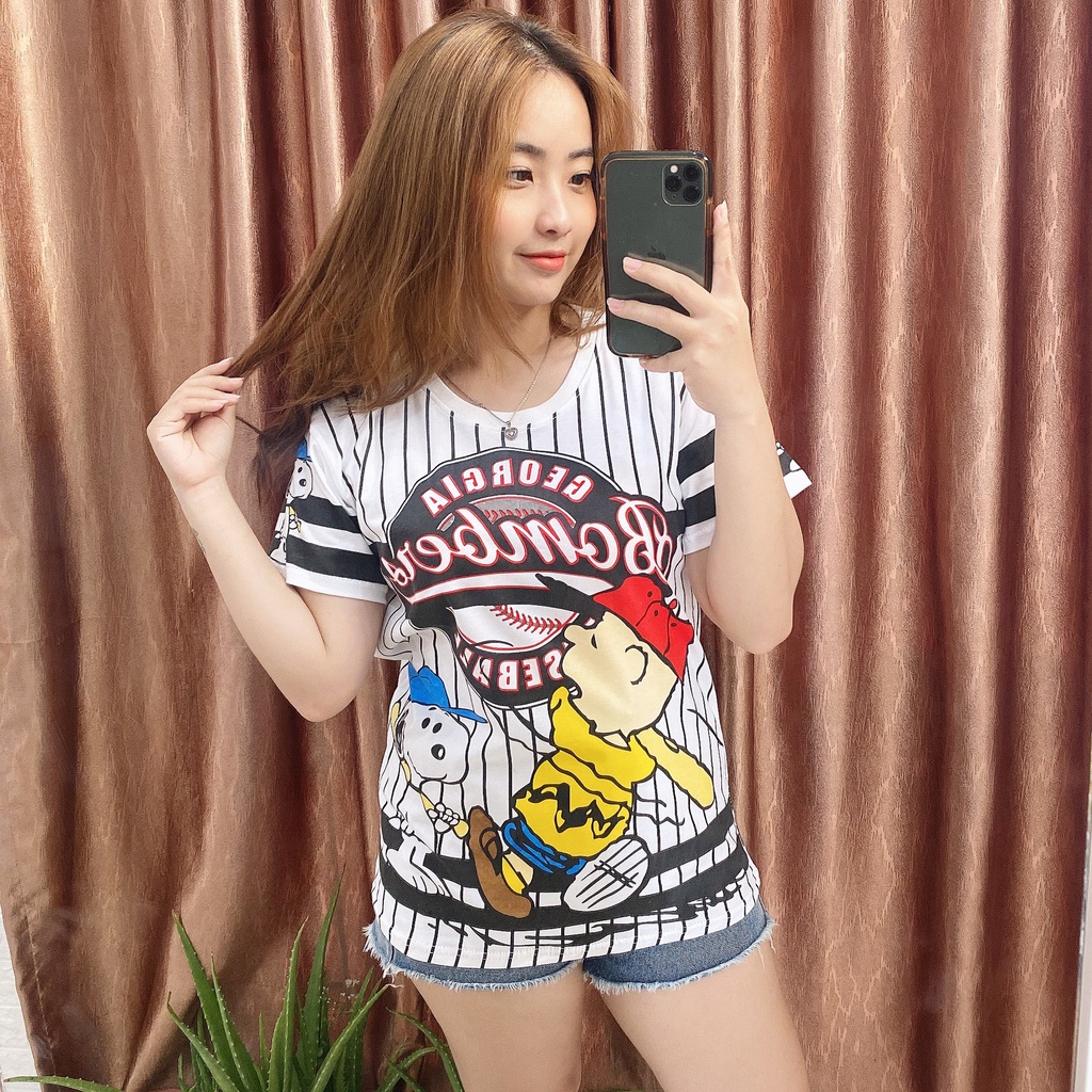KaosKissMe 010 KissMe Kaos Wanita Lengan Pendek KingCup Snoopy Bomber Stripe Full Print Dewasa
