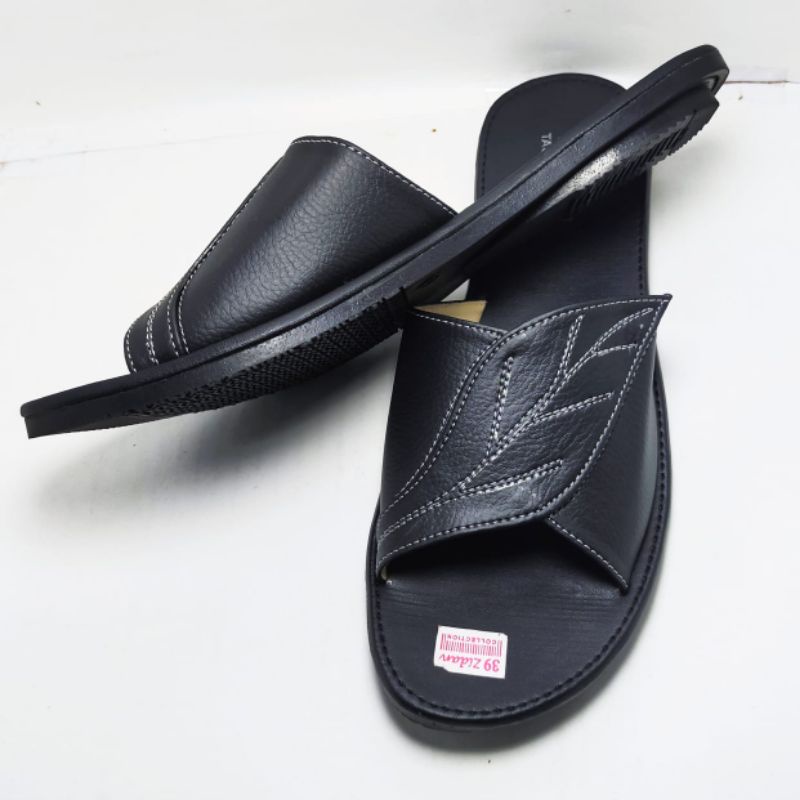 Sandal Kulit Wanita Papirut Sendal Slop Slide Flat Nonslip Motif Daun