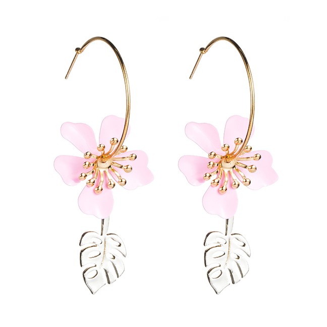 LRC Anting Tusuk Fashion Pink Leaf Eternal Flower Ear Studs D59944