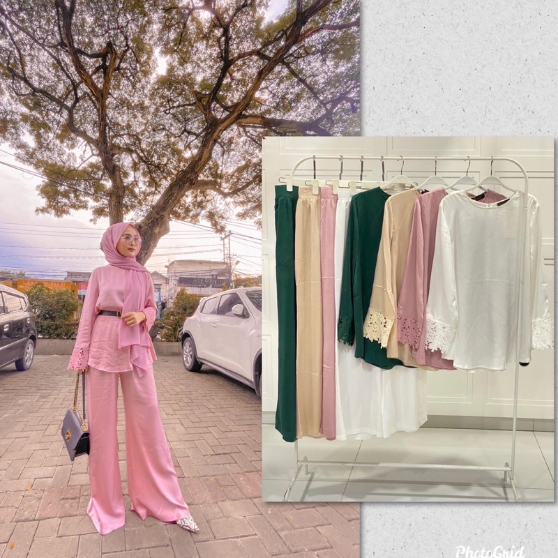 SETCEL MUSLIM PREMIUM ORI VIVORIE / SETELAN CELANA PANJANG SATIN SILK / ONESET MUSLIM