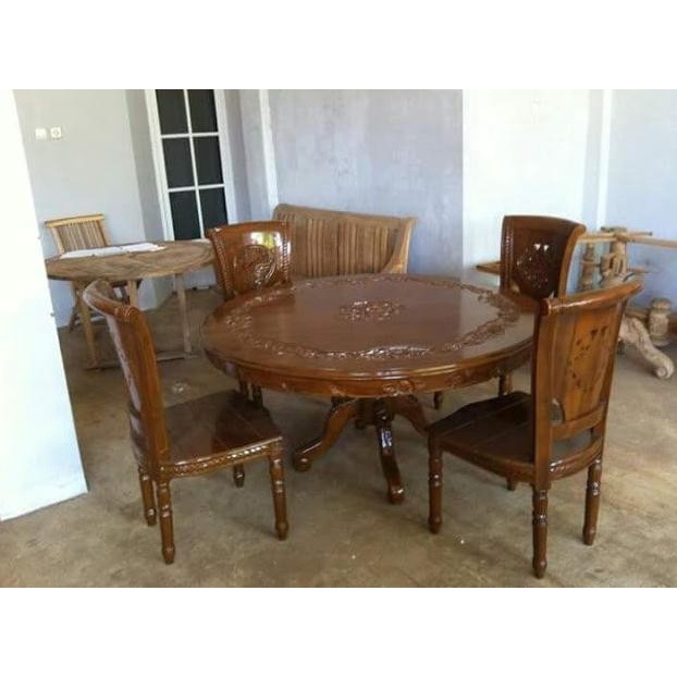 Kursi Meja Makan Salina Bundar Bulat 4 Kursi Kayu Jati Jepara Teaa