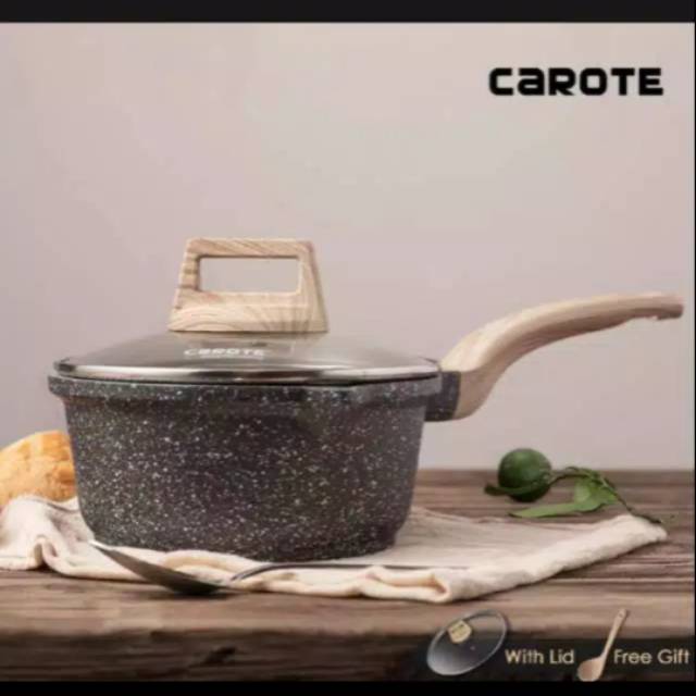 Panci carote susu milky sauce pan with lid 18cm biogreen wood granite