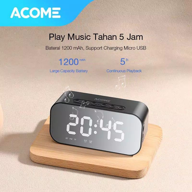 Acome A5 Speaker Bluetooth 5.0 Alarm LED Display Ultra Bass, Garansi Resmi