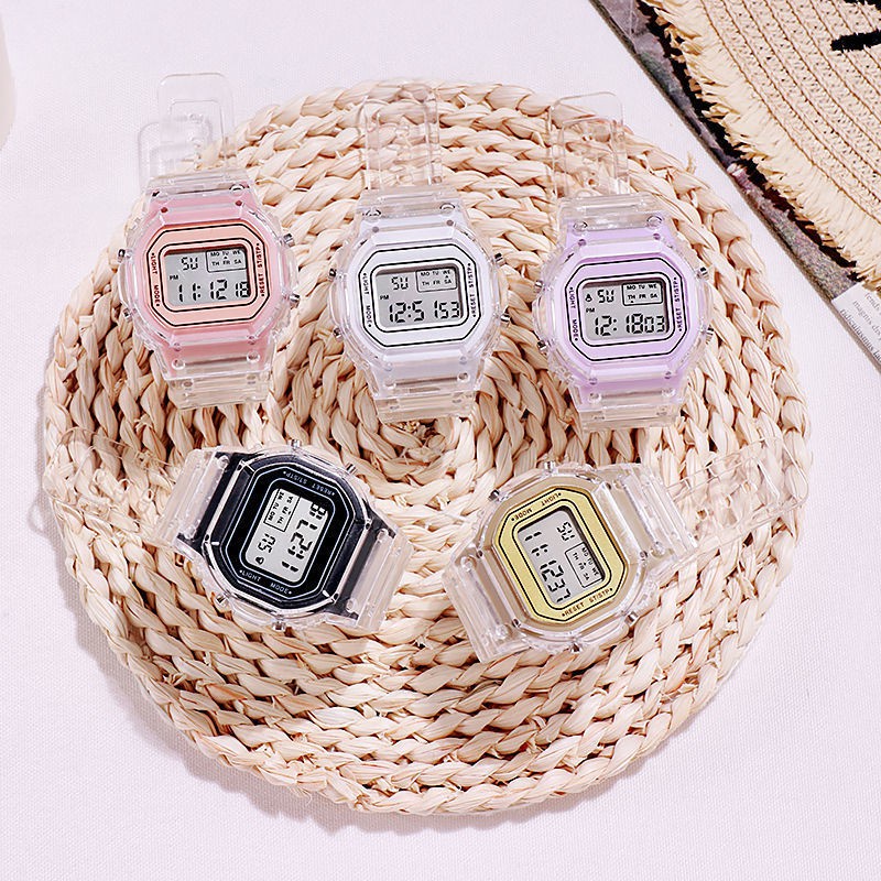 (GROSIRJAYA32) Termurah Jam Tangan Wanita Digital Transparan Bening Square Dial Couples Watch Korean Import/Jam tangan digital casual