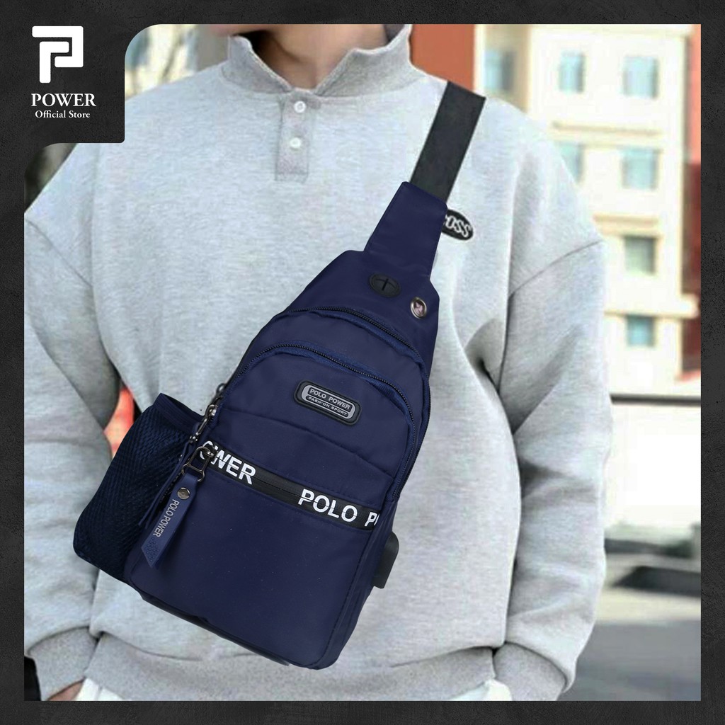 Polo Power Tas Pria Sling bag Import Waterproof USB Portable Tas Slempang Dada Pria Anti Air Tas Polo Original