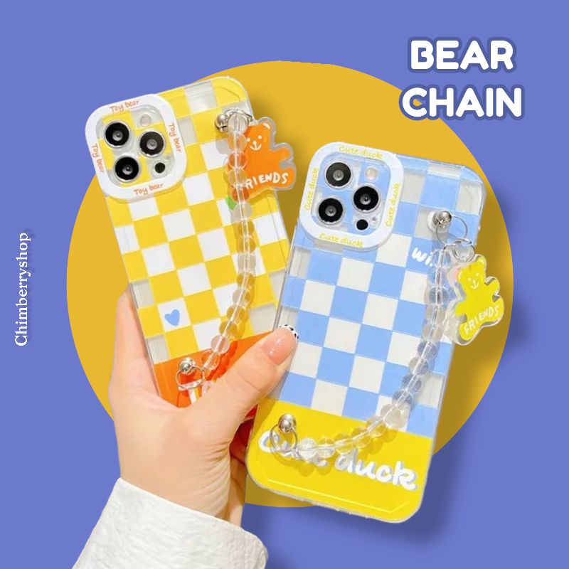 [Ready Stock] Teddy Bear Chain Soft Jelly Case Casing Beruang Kotak Kotak Checkered Iphone 12 11 pro