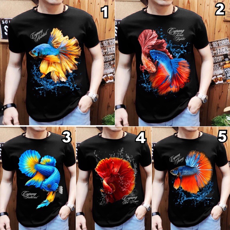 AsherShop - Baju Kaos Dewasa Distro Hitam Motif Cupang Variasi Cupang Halfmoon Size Fit To L