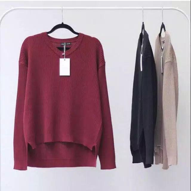 BOXY V-NECK VIONA/sweater rajut halus-Maroon