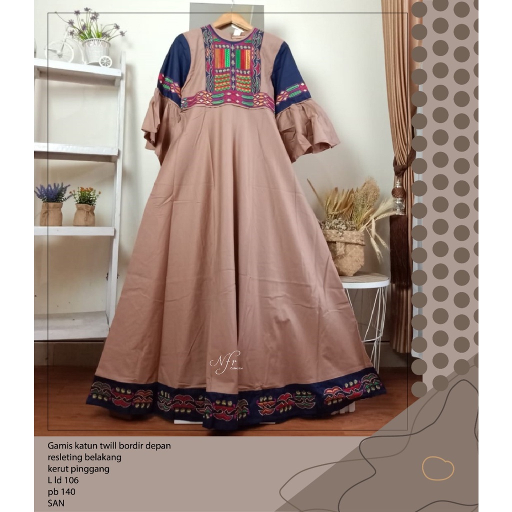 gamis raradisa lengan terompet, katun twill bordir karet pinggang L ld 106 S ld 100