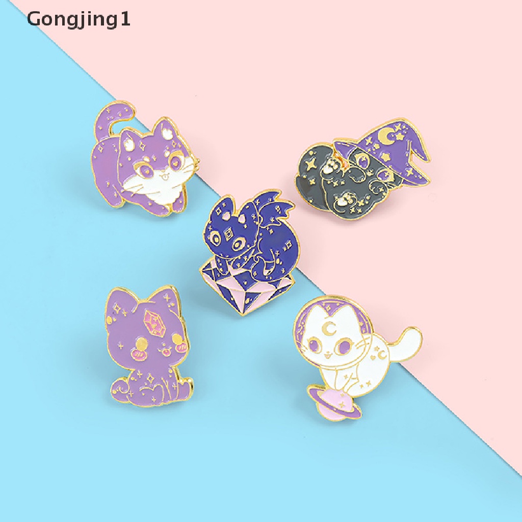 Gongjing1 Bros Pin Enamel Bentuk Kucing Ungu Dengan Topi Penyihir