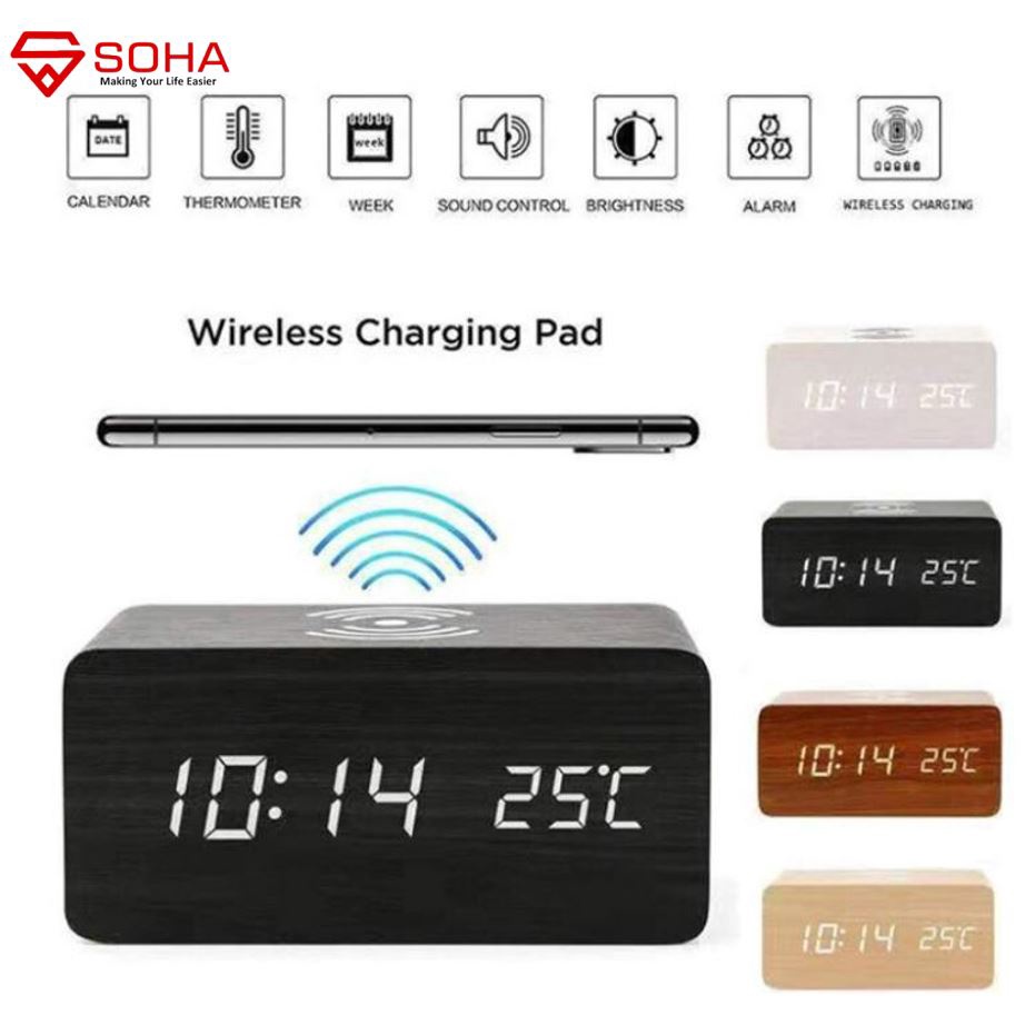 JD-06 Wireless Charging Jam meja Kayu Digital Led Weker / Wooded Alarm LED Clock Waker Suhu temperature date Tanggal Jam Meja