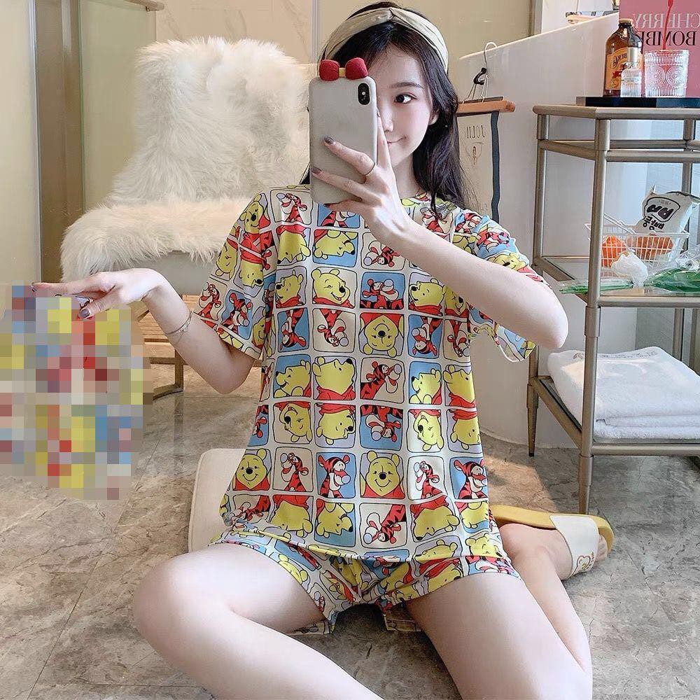 ✨WINGALERY✨ Pakaian Wanita Baju Tidur Piyama Lengan Pendek Import Motif Kartun Fit to XXL 4019-2-POOH