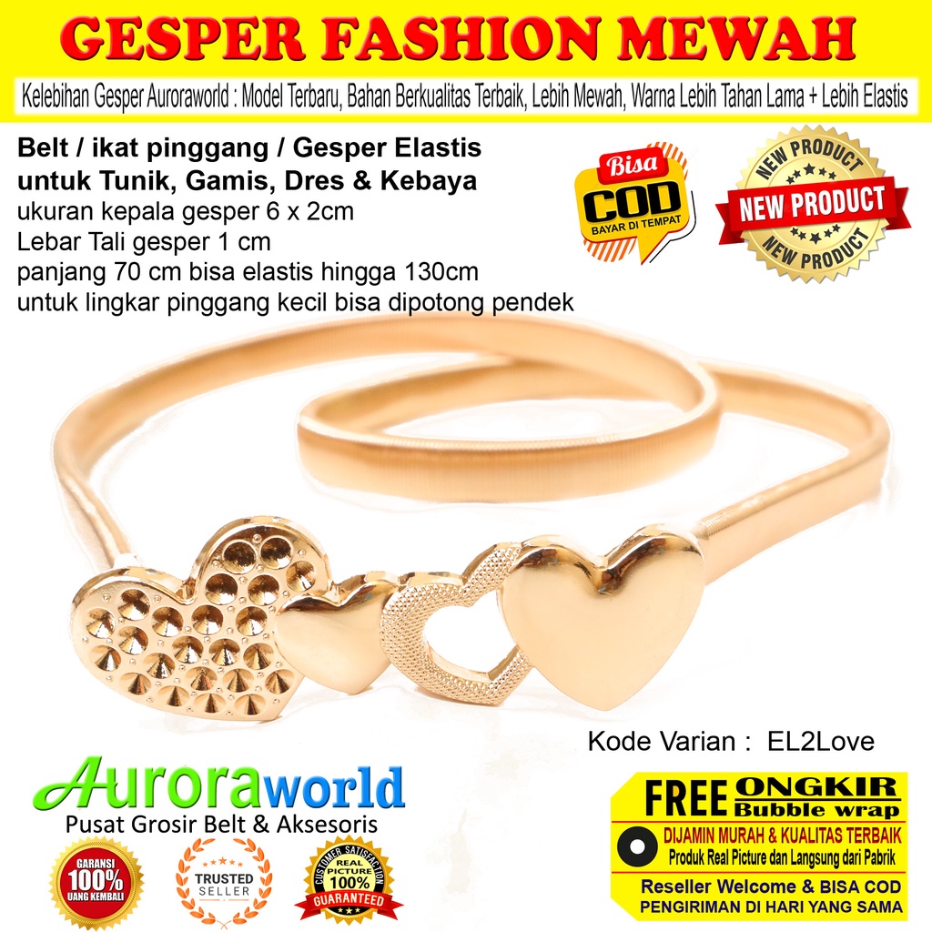 Auroraworld gesper wanita jumbo belt gamis elastis ikat pinggang cewek untuk dress tunik gamis belt elastis warna gold terbaru small size - big size bisa COD