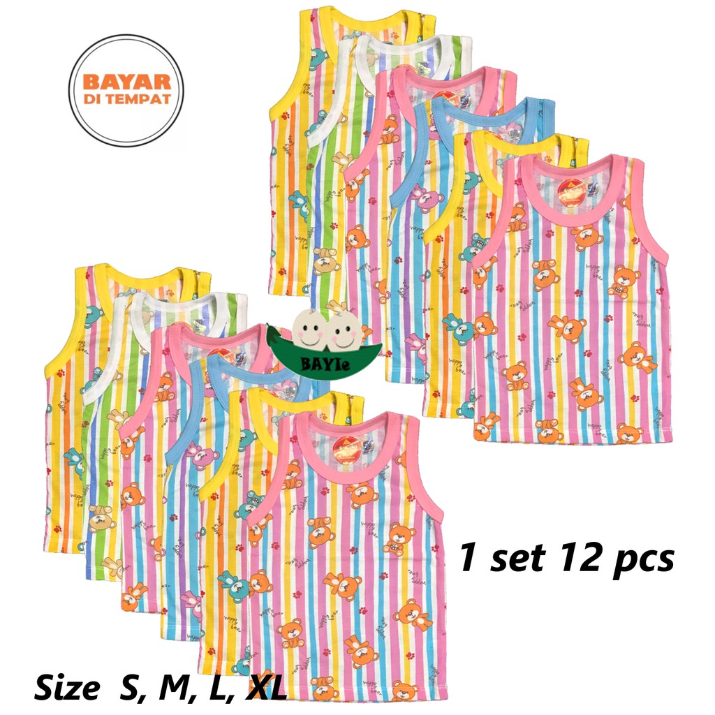 BAYIe - 12 PCS Kaos Singlet / Kutung Bayi/Anak Perempuan/Cewek AGREE KIDS  Size S, M, L, XL