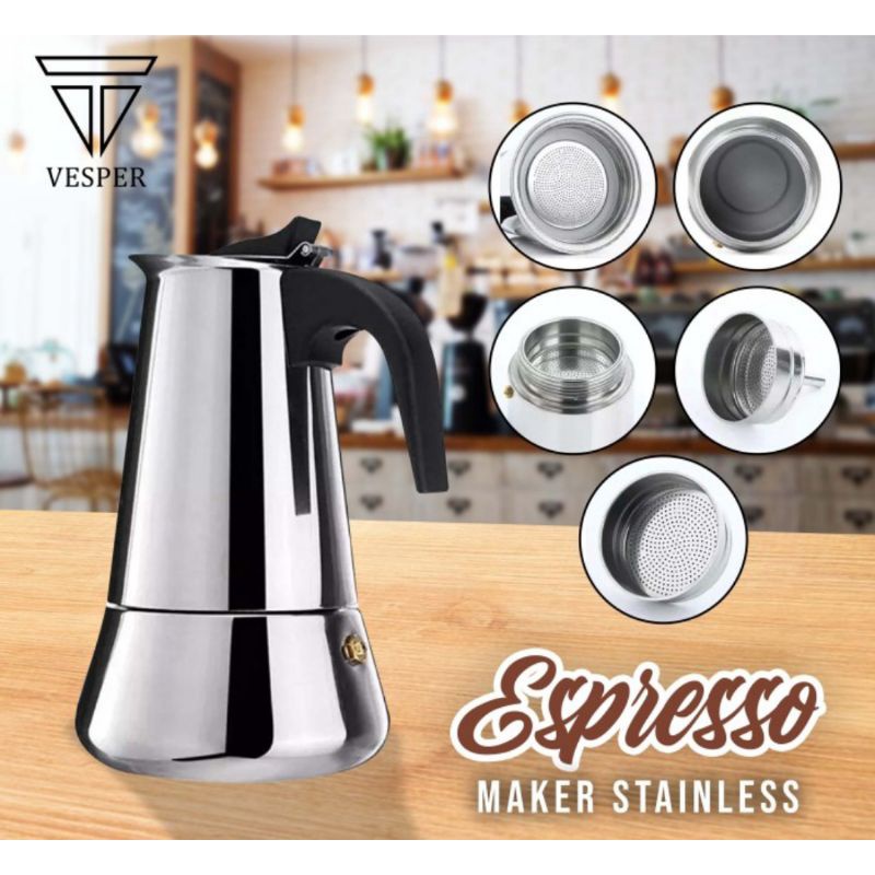 300ml Teko Kopi Moka Pot Stainless Espresso Coffee Maker untuk 6 cup Alat Seduh Kopi Modern ekpreso coffee espresso coffe espreso kopi maker esspresso