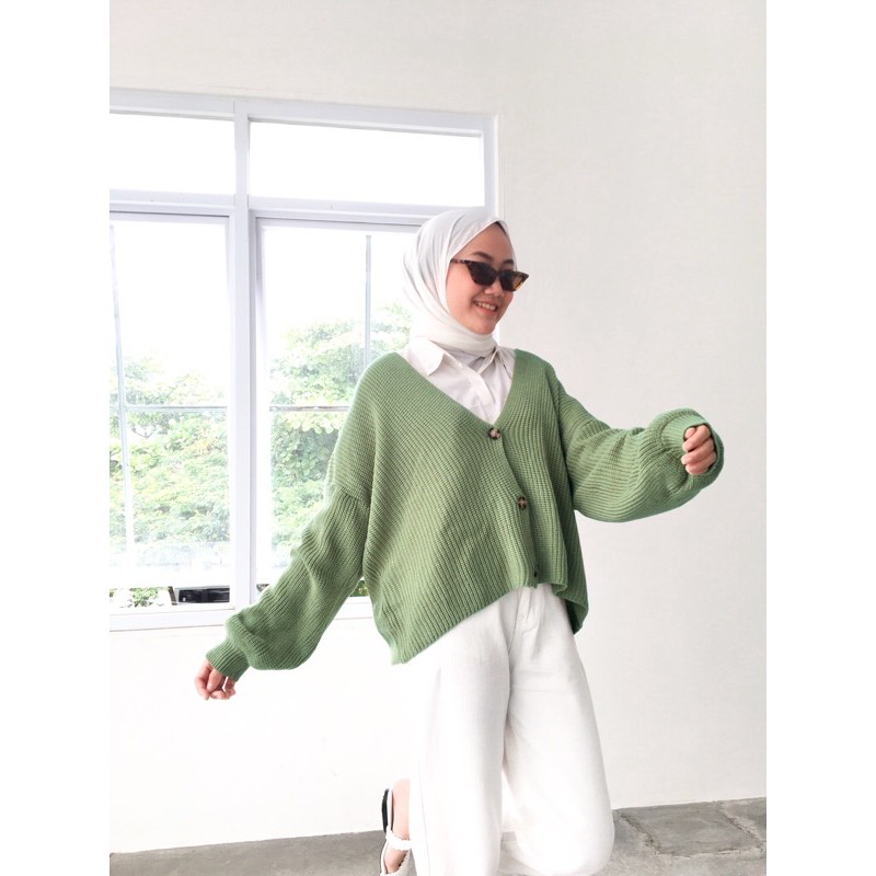 Lila Crop Cardigan Rajut Tebal Premium Oversize Cardigan Lengan Balon Kancing-Mint