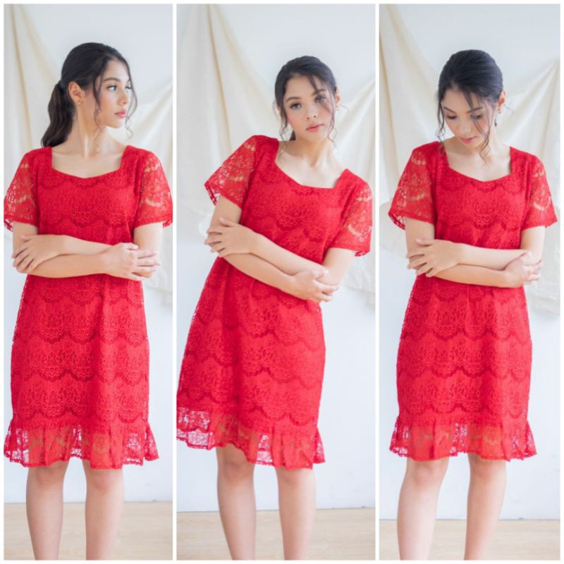 ⚡️ CLEARANCE SALE ♡ PREMIUM ♡ REAL PIC! RED ADAIRE BROCADE BOTTOM RUFFLE LACEY LOOSE DRESS