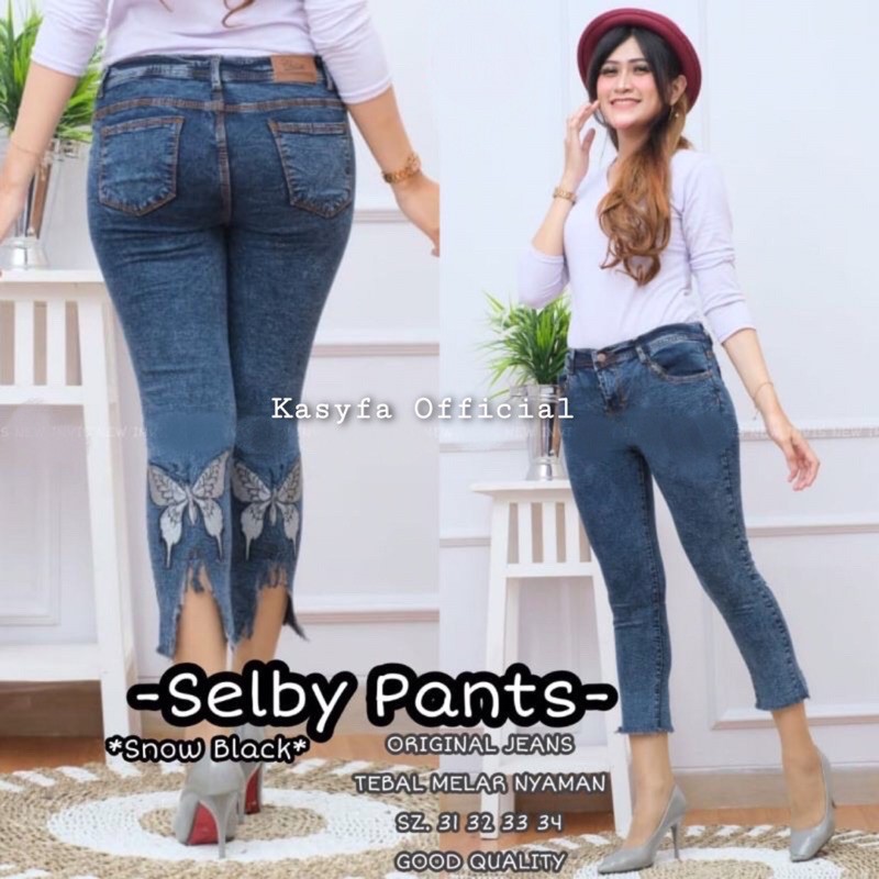 SELBY CELANA JEANS WANITA BORDIR KUPU BACK RIBBON